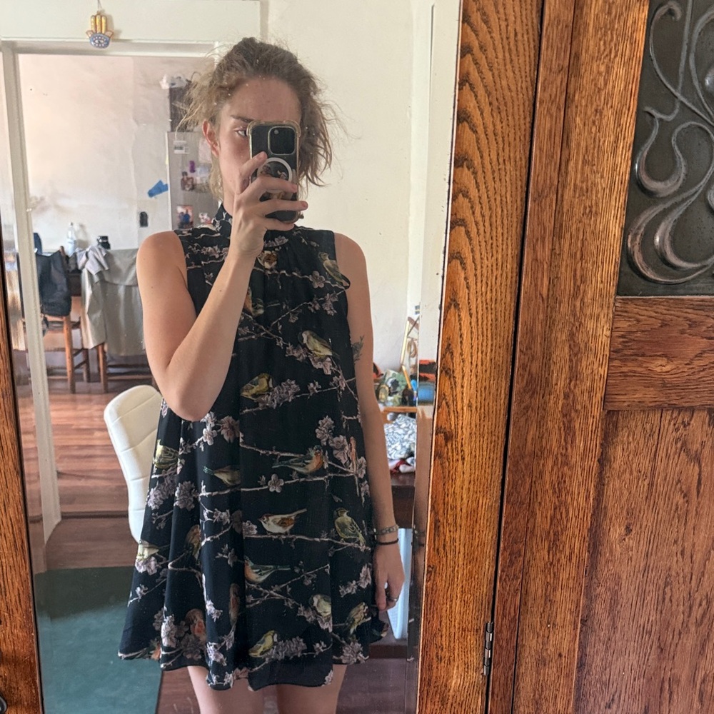Ted Baker London Black Floral & Bird Print Mini Swing Dress